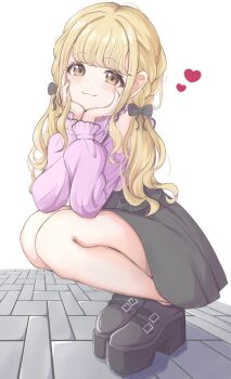 Rule 34 | 1girl, :3, black bow, black shoes, black skirt, blonde hair, bow, braid, closed mouth, clothing cutout, commentary request, fujita kotone, full body, gakuen idolmaster, hair bow, head on hands, head rest, heart, highres, idolmaster, long sleeves, looking at viewer, low twintails, platform shoes, puffy long sleeves, puffy sleeves, puren 416, purple shirt, shirt, shirt tucked in, shoes, shoulder cutout, skirt, smile, solo, squatting, twintails, twintails day, white background, yellow eyes