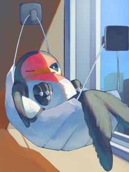 animal_focus beak bird gen_3_pokemon hammock highres indoors lying mask mouth_mask nintendo no_humans on_back on_hammock one_eye_closed p9kfxaofqi54546 pokemon pokemon_(creature) pokemon_focus solo tail taillow talons window wings