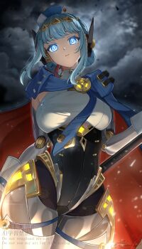 1girl android blue_eyes blue_hair cape double_bun genshin_impact glowing glowing_eyes hair_bun highres holding holding_polearm holding_weapon ineffa_(genshin_impact) mikami_sy polearm storm_cloud twitter_username weapon