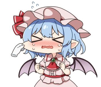 >_< 1girl 1other ascot bat_wings blue_hair blush brooch cheek_pinching cheek_pull closed_eyes collared_shirt commentary_request fang frilled_shirt_collar frills hand_on_another's_cheek hand_on_another's_face hands_on_another's_cheeks hands_on_another's_face hat hat_ribbon highres jewelry mob_cap pinching pink_hat pink_shirt pink_skirt pov pov_hands puffy_short_sleeves puffy_sleeves red_ascot red_ribbon remilia_scarlet ribbon shirt short_hair short_sleeves simple_background skin_fang skirt skirt_set solo solo_focus suwa_yasai sweat sweatdrop touhou white_background wings