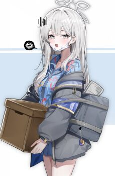 1girl absurdres alt_text armband bag blue_archive blue_necktie blue_shirt blue_skirt box commentary_request commission cowboy_shot dakkgae_01 floral_print floral_print_shirt from_side grey_eyes grey_hair grey_halo grey_jacket halo hawaiian_shirt highres holding holding_box jacket jacket_partially_removed konoka_(blue_archive) korean_commentary long_hair long_sleeves looking_at_viewer loose_necktie mask mask_pull mouth_mask necktie newspaper omamori open_collar open_mouth pleated_skirt print_shirt purple_armband rolled-up_newspaper school_bag second-party_source shirt skirt speech_bubble spoken_squiggle squiggle surgical_mask white_mask