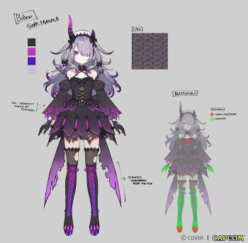 1girl asymmetrical_horns back_bow black_boots black_bow black_dress black_gloves black_thighhighs boots bow chest_jewel color_guide commentary copyright_name criss-cross_halter cross-laced_clothes cross-laced_dress detached_collar dress english_commentary fake_horns flat_chest frilled_dress frills full_body gem gloves gore_magala gradient_hair grey_background grey_hair hair_bow hair_over_one_eye hairband halterneck hand_jewel hololive hololive_english horn_hairband horns jewel_under_eye juliet_sleeves koseki_bijou koseki_bijou_(gore_magala) lace lace-trimmed_dress lace-up_boots lace_trim large_bow long_hair long_sleeves monster_hunter_(series) monster_hunter_wilds multicolored_hair ninomae_ina'nis_(artist) notes off-shoulder_dress off_shoulder official_alternate_costume official_alternate_hairstyle official_art pointing_out_the_details puffy_sleeves purple_eyes purple_gem purple_hair reference_sheet sidelocks simple_background thighhighs torn_clothes torn_thighhighs uneven_horns very_long_hair virtual_youtuber wide_sleeves