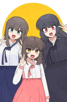 3girls :d bags_under_eyes black_hanbok black_shirt black_skirt blue_hanbok blue_skirt braid breasts brown_hair cowboy_shot crown_braid dot_nose double_v flat_chest floral_background green_eyes han_nuri hanbok hand_up hands_up highres jeogori_(clothes) kim_jisoo_(you&#039;re_under_my_skin!) korean_clothes large_breasts light_blush long_hair looking_at_viewer medium_breasts multiple_girls nakta open_mouth pink_hanbok pink_skirt red_eyes shirt sidelocks skirt smile straight_hair v very_long_hair wavy_hair white_hanbok white_shirt yang_darae yellow_eyes you&#039;re_under_my_skin!