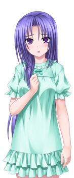 1girl blush dress game_cg higuchi_isami large_variant_set long_hair looking_at_viewer mahou_shoujo_sae murakami_shizuru nightgown non-web_source official_art open_mouth pajamas purple_eyes purple_hair sleepwear solo transparent_background variant_set