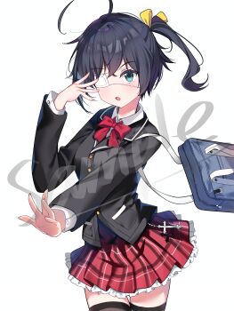 1girl absurdres ahoge bag black_hair black_thighhighs blue_eyes bow breasts chuunibyou chuunibyou_demo_koi_ga_shitai! commentary cowboy_shot eyepatch hair_ribbon highres icho_private_high_school_uniform jacket kinedro looking_at_viewer medical_eyepatch one_side_up open_mouth plaid_clothes plaid_skirt ribbon sample_watermark school_uniform short_hair shoulder_bag simple_background skirt solo takanashi_rikka thighhighs watermark white_background