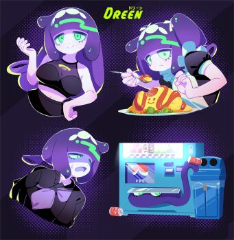 1girl apron arms_up blush can character_name closed_mouth colored_skin donuttypd dots dreen_(donuttypd) drink_can eating multiple_expressions food frown green_eyes hair_ribbon hand_on_own_hip hand_up hands_up happy highres holding holding_spoon hole ketchup leaf logo long_hair long_sleeves looking_at_viewer looking_to_the_side maid maid_apron medium_hair mimic monster_girl omelet omurice open_mouth original pink_skin puffy_short_sleeves puffy_sleeves purple_hair ribbon sailor_collar school_uniform shine short_sleeves sleeveless smile soda_can spoon striped_background sweatdrop trash_can vending_machine white_ribbon