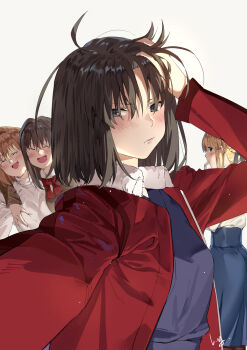 4girls :d aozaki_aoko arcueid_brunestud arm_over_shoulder artoria_pendragon_(fate) bad_id bad_pixiv_id black_eyes black_hair blonde_hair blue_kimono blush braid braided_bun breasts brown_hair closed_eyes club3 company_connection drinking drinking_straw fate/stay_night fate_(series) fur_collar grabbing_another's_breast graphite_(medium) green_eyes groping hair_bun hair_intakes hair_ribbon hand_in_own_hair hand_on_own_head highres jacket japanese_clothes kara_no_kyoukai kimono large_breasts long_sleeves looking_at_viewer mahou_tsukai_no_yoru medium_breasts multiple_girls neck_ribbon open_mouth pout red_jacket ribbon ryougi_shiki saber_(fate) school_uniform selfie short_hair signature simple_background smile traditional_media tsukihime turtleneck type-moon white_background