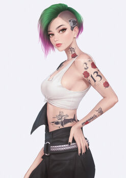 1girl arm_tattoo asymmetrical_hair breasts brown_eyes cyberpunk cyberpunk_(series) cyberpunk_2077 cyborg front-tie_top green_hair hand_on_own_hip highres judy_alvarez lips looking_at_viewer medium_breasts multicolored_hair nail_polish neck_tattoo pink_hair profile revision short_hair shoulder_tattoo sidecut solo tank_top tattoo two-tone_hair umigraphics undercut white_background