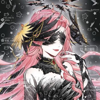 1girl absurdres bare_shoulders black_background black_bridal_gauntlets black_collar black_dress black_halo black_wings bridal_gauntlets closed_mouth collar commission covered_eyes crimson_feather_(infinity_nikki) cyfrost detached_collar dress earrings feather_dress feathered_wings glowing halo hand_in_own_hair happy head_wings highres infinity_nikki jewelry light_particles lipstick long_hair long_sidelocks makeup nikki_(series) red_hair red_lips sample_watermark sidelocks single_sidelock smile solo spiked_halo strapless strapless_dress too_many_watermarks upper_body very_long_hair watermark watermark_grid wavy_hair wings