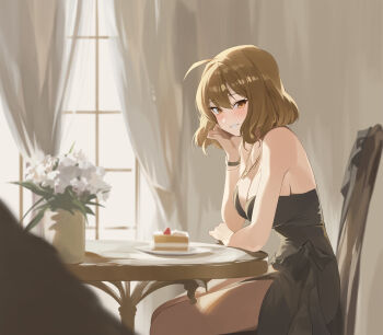 1girl absurdres ahoge anis_(nikke) black_dress bllus breasts brown_eyes brown_hair cake cake_slice chair cleavage commentary_request curtains dress food goddess_of_victory:_nikke highres indoors large_breasts looking_at_viewer on_chair plant potted_plant short_hair sitting smile solo table thighs