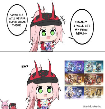 Rule 34 | +++, 3girls, absurdres, aglaea (honkai: star rail), animal ears, arm warmers, artist name, ass shake, bent over, black hair, chibi, company connection, constance (honkai: star rail), english text, firefly (honkai: star rail), fugue (honkai: star rail), gacha (game mechanic), gameplay mechanics, green eyes, hashtag-only commentary, hat, high ponytail, highres, holding, honkai: star rail, honkai (series), honkai impact 3rd, horned hat, lingsha (honkai: star rail), long hair, marin liekuriva, mihoyo, motion lines, multiple girls, official art inset, pink hair, ponytail, rappa (honkai: star rail), red arm warmers, smile, sparkle (honkai: star rail), sunday (honkai: star rail), tingyun (honkai: star rail), twintails, yae sakura