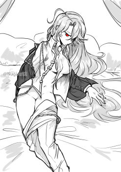 1girl absurdres ahoge artist_name bed bed_sheet black_coat breasts canopy_bed cleavage coat collared_shirt convenient_hair don_quixote_(project_moon) greyscale hair_over_one_eye highres jacket la_manchaland_(identity)_(project_moon) lapels legs_together limbus_company long_hair long_sleeves looking_at_viewer medium_breasts monochrome navel no_bra no_panties notched_lapels nugii on_bed open_clothes open_shirt pants parted_bangs partially_colored pillow project_moon red_eyes sancho_(project_moon) shirt solo thighs twitter_username undressing white_shirt