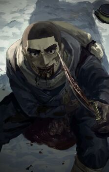 1boy backpack bag bear black_eyes blood blood_from_mouth blue_jacket blue_pants brown_gloves buzz_cut commentary_request day disembowelment from_above glaring gloves golden_kamuy guro hand_on_own_stomach hat highres holding holding_knife intestines jacket kepi knees_up knife leaning_forward leg_wrap long_sleeves looking_at_viewer male_focus military_hat military_uniform noma_naoaki on_ground open_mouth osakanaman_7 outdoors pants pool_of_blood sanpaku scar scar_on_face scarf scene_reference shadow short_hair sitting smile snow solo thick_eyebrows unworn_hat unworn_headwear very_short_hair