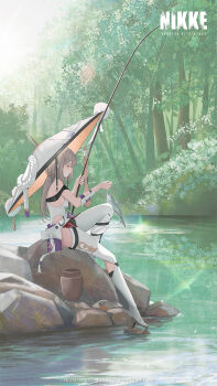 1girl breasts closed_mouth day fish fishing fishing_rod forest from_side goddess_of_victory:_nikke grey_hair hat high_heels highres holding holding_fishing_rod knee_up large_breasts leotard long_hair nature off_shoulder on_rock outdoors pond scarlet_(nikke) sitting skile smile straw_hat watermark white_leotard yellow_eyes