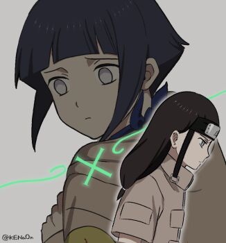 1boy 1girl blue_hair brown_hair brown_jacket brown_shirt closed_mouth cousins forehead_protector hyuuga_hinata hyuuga_neji jacket kena0n konohagakure_symbol long_hair looking_to_the_side naruto_(classic) naruto_(series) no_pupils shirt short_hair short_sleeves twitter_username