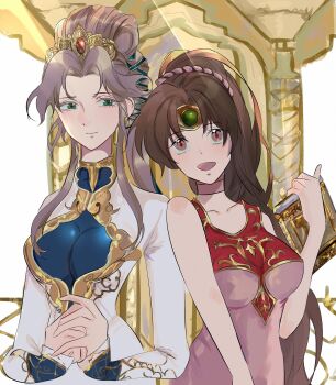 2girls absurdres bare_shoulders blonde_hair book breasts brown_eyes brown_hair choker circlet cleavage_cutout clothing_cutout collarbone commission dress fire_emblem fire_emblem:_mystery_of_the_emblem fire_emblem:_shadow_dragon_and_the_blade_of_light forehead_jewel gold_diadem green_eyes highres holding holding_book jewelry large_breasts linde_(fire_emblem) long_hair medium_breasts multiple_girls nintendo nyna_(fire_emblem) own_hands_together pink_dress ponytail second-party_source shoulder-to-shoulder skeb_commission sleeveless white_dress yuruzuko