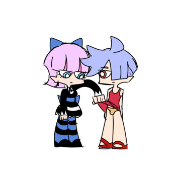 Rule 34 | 2boys, black dress, blue bow, blue eyes, blunt bangs, bow, briefs, brothers, bulge, clothes lift, commentary request, cosplay, costume switch, crossdressing, crossdressing (mtf), deformed, dress, expressionless, gothic lolita, hair over one eye, high heels, highres, lolita fashion, looking at another, looking at crotch, male focus, male underwear, mullet, multiple boys, panty &amp; stocking with garterbelt, panty (psg), panty (psg) (cosplay), parted bangs, pink hair, polyester (psg), polyurethane (psg), shiratamataro6, short hair, siblings, skirt, skirt lift, socks, stocking (psg), stocking (psg) (cosplay), striped clothes, striped socks, underwear, vertical-striped clothes, vertical-striped socks, yellow male underwear