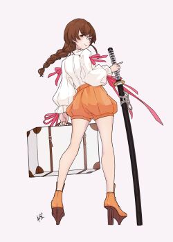 1girl braid brown_hair commentary_request high_heels highres holding holding_suitcase holding_sword holding_weapon kantai_collection katana long_hair long_sleeves looking_at_viewer looking_back neve_(morris-minicooper) orange_eyes orange_shorts puffy_shorts scabbard sheath sheathed shirt short_shorts shorts single_braid solo souya_(kancolle) souya_agb_(kancolle) standing suitcase sword weapon white_shirt