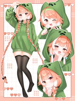 1016_ayan 1girl :t absurdres black_bow black_thighhighs bow braid closed_mouth commentary cosplay creeper creeper_(cosplay) green_hoodie hair_bow head_wings heart highres hood hoodie indie_virtual_youtuber long_sleeves minecraft multicolored_hair one_eye_closed open_mouth orange_hair pillowdear streaked_hair thighhighs twin_braids virtual_youtuber white_hair white_wings wings