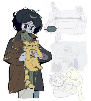 ... 2boys animal black_hair blank_eyes brown_jacket cat claw_mark coat coat_guy_(no_i&#039;m_not_a_human) colored_skin commentary couch cropped_legs crying extra_arms film_grain green_shirt grey_scarf grey_skin hashtag-only_commentary holding holding_animal holding_cat hole_in_stomach hunched_over jacket jaggy_lines long_sleeves looking_at_animal male_focus mashiro_(4otofu4) messy_hair missing_fingernails multiple_boys multiple_views no_i&#039;m_not_a_human open_clothes open_jacket outline pants parted_bangs parted_lips peanut_mouth ribbed_shirt scarf shirt short_hair simple_background sitting solo_focus speech_bubble spoken_ellipsis streaming_tears striped_tail sweat tail tall_guy_(no_i&#039;m_not_a_human) tears trash_bag white_background white_pants yellow_cat yellow_outline