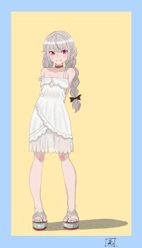 1girl absurdres aqua_border arms_behind_back bare_shoulders belt_collar black_ribbon blunt_bangs blush border braid closed_mouth collar collarbone dress fang fang_out full_body grey_hair hair_ribbon highres iori_konohe lace_trim long_hair looking_at_viewer low_twin_braids makaino_ririmu makaino_ririmu_(3rd_costume) multicolored_hair nijisanji no_socks platform_sandals pointy_ears red_collar red_eyes red_streaks ribbon sandals see-through_clothes see-through_skirt sidelocks signature simple_background skirt sleeveless sleeveless_dress smile solo standing strap_slip streaked_hair sundress twin_braids two-tone_hair virtual_youtuber white_dress yellow_background