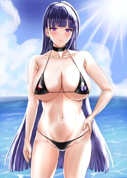 1girl absurdres bikini black_bikini black_choker blue_sky breasts choker cloud collarbone commentary_request earrings highres honkai_(series) honkai_impact_3rd jewelry large_breasts long_hair looking_at_viewer mordrex_art navel ocean outdoors purple_eyes purple_hair raiden_mei raiden_mei_(apho) sky solo stomach sunlight swimsuit thighs variant_set very_long_hair