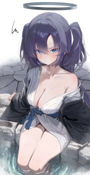 1girl :/ absurdres alternate_costume ashiyu black_halo blue_archive blue_eyes blush breasts cleavage closed_mouth collarbone furrowed_brow halo highres japanese_clothes kimono kimono_partially_removed large_breasts long_hair long_sleeves looking_at_viewer mechanical_halo onsen purple_hair rock sitting soaking_feet solo sukoyaka_konbu sweat two_side_up water yukata yuuka_(blue_archive)