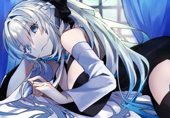 1girl blue_eyes bow braid commentary_request fate/grand_order fate_(series) hair_between_eyes hair_bow half_up_braid highres long_hair looking_at_viewer ma_ple morgan_le_fay_(fate) morgan_le_fay_(third_ascension)_(fate) ponytail very_long_hair white_hair