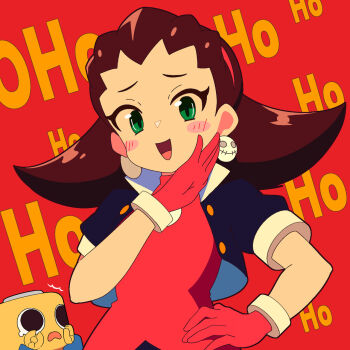 blue_jacket blush_stickers brooch brown_hair cropped_jacket dress earrings gloves green_eyes hand_on_own_hip highres jacket jewelry medium_hair mega_man_(series) mega_man_legends_(series) ojou-sama_pose open_clothes open_jacket pink_dress pink_gloves red_background servbot_(mega_man) skull_brooch skull_earrings sleeves_rolled_up tron_bonne_(mega_man) upper_body yodok