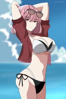 1girl absurdres blue_sky breasts chimaera_scre cloud eyewear_on_head female_commander_(girls&#039;_frontline) girls&#039;_frontline girls&#039;_frontline_2:_exilium highres large_breasts looking_at_viewer ocean pink_hair short_hair sky solo sunglasses swimsuit