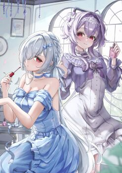 2girls absurdres alternate_costume applying_makeup applying_own_makeup bare_shoulders blue_dress breasts capelet cinderella_(nikke) cleavage commentary_request doro_(nikke) dress goddess_of_victory:_nikke highres indoors large_breasts liberalio_(nikke) long_hair looking_at_viewer multiple_girls portrait_(object) purple_capelet purple_hair red_eyes shupita small_breasts smile very_long_hair white_dress white_hair