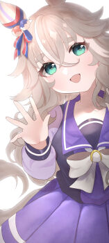 1girl absurdres animal_ears blue_eyes blush bow bowtie breasts ear_covers ear_ribbon grey_hair hair_between_eyes highres horse_ears horse_girl horse_tail kurumiya_(krmy_p) long_hair looking_at_viewer multicolored_hair open_mouth pleated_skirt purple_sailor_collar purple_serafuku purple_shirt purple_skirt sailor_collar sailor_shirt school_uniform serafuku shirt simple_background single_ear_cover skirt smile solo streaked_hair tail tracen_school_uniform umamusume white_background white_bow white_bowtie wonder_acute_(umamusume)