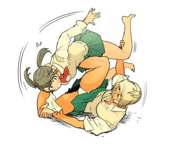 2girls barefoot blonde_hair cardigan fighting fujita_kakuji jiu-jitsu multiple_girls panties pleated_skirt skirt tagme tan underwear wrestling