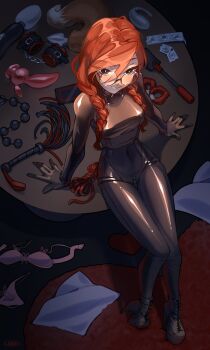 1girl anal_beads anal_tail black_bodysuit black_eyes black_leotard bodysuit boots bra braid breasts bright_pupils butt_plug carpet commentary commission condom condom_wrapper dark dominatrix english_commentary eyelashes eyes_visible_through_hair fake_tail full_body glasses grey_boots hair_between_eyes hair_over_shoulder hands_on_table highres indoors lace-up_boots latex latex_bodysuit leotard long_hair looking_at_viewer medium_breasts nail_polish on_table orange_hair original panties parted_lips pink_bra pink_panties platform_boots red_nails round_eyewear sex_toy shadow sitting smirk solo strapless strapless_leotard swept_bangs table tail teeth twin_braids underwear unworn_bra unworn_panties vibrator white_pupils wikate