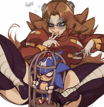 1boy 1girl angry between_thighs black_thighhighs blonde_hair blush boots breasts brown_hair cage cherry cream curvy eggma'am food fork fruit furry genderswap genderswap_(mtf) glasses gloves goggles goggles_on_head green_eyes high_heel_boots high_heels highres huge_breasts hungry long_hair mature_female shine size_difference sonic_(series) sonic_the_hedgehog tagme thick_thighs thigh_boots thighhighs thighs trapped ultima_thule wide_hips