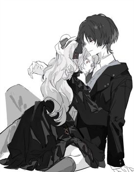 1boy 1girl alternate_costume arm_at_side arm_support artist_request blazer blunt_ends bow closed_mouth clothing_cutout collared_shirt commission commissioner_insert contemporary couple cross-laced_clothes cross-laced_dress dress eyelashes facing_another frilled_bow frilled_dress frills genshin_impact greyscale hair_bow half-closed_eyes hayami_momo_(hayamimomo) hetero highres hug jacket lapels long_hair long_sleeves looking_at_another monochrome necktie open_hand original pants parted_bangs scaramouche_(genshin_impact) school_uniform second-party_source shirt shoulder_cutout sitting smile spot_color sweater_vest tsurime two_side_up wariza