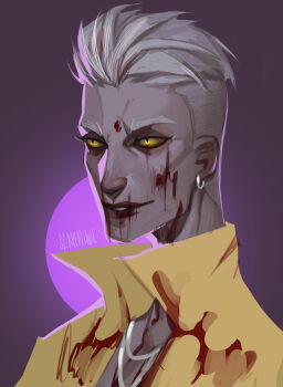 1boy absurdres blood blood_on_clothes blood_on_face blood_stain buzz_cut colored_sclera dead_by_daylight earrings hair_slicked_back highres hoop_earrings jewelry male_focus necklace open_clothes open_shirt popped_collar red_lips serpentahl shirt short_hair slit_pupils smirk solo the_trickster_(dead_by_daylight) upper_body very_short_hair white_hair yellow_sclera yellow_shirt