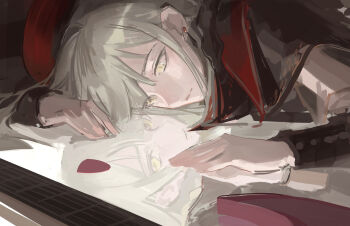 Rule 34 | 1girl, absurdres, bang dream!, bang dream! it's mygo!!!!!, beret, closed mouth, commentary, different reflection, earrings, english commentary, expressionless, green hair, hat, highres, jewelry, long hair, long sleeves, looking at reflection, looking down, lying, mortis (bang dream!), mortis (costume) (bang dream!), phyriaxi, plectrum, red hat, reflection, solo, upper body, wakaba mutsumi, yellow eyes