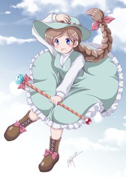 1girl absurdres blue_eyes blue_sky boots bow braid braided_ponytail brown_boots brown_hair cloud commentary_request dress dress_tug falling footwear_bow frilled_dress frills full_body green_dress green_hat hair_bow hand_on_headwear hat highres holding holding_wand lace-up_boots long_hair looking_down mel_(purirura) mizushiro_takuya open_mouth pinafore_dress pink_bow purirura red_bow shirt signature single_braid sky sleeveless sleeveless_dress solo wand white_shirt