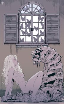 1girl absurdres blonde_hair blush breasts bug butterfly caterpillar closed_eyes commentary_request hetero highres insect kotake_standard large_breasts long_hair monster nipples nude open_mouth original sex teratophilia zoophilia