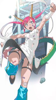 1girl absurdres bandaid bandaid_on_cheek bandaid_on_face bandaid_on_knee bandaid_on_leg blue_nails commentary_request dragon_girl dragon_horns dragon_tail dress grey_eyes highres himuro_yukichiko horns multicolored_hair nail_polish original pink_hair sleeveless sleeveless_dress solo tail twintails underwear white_dress white_hair