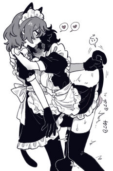 2girls akechi_gorou alternate_costume amamiya_ren animal_ears apron arms_around_neck black_dress black_gloves black_socks black_thighhighs blush cat_ears cat_girl cat_tail commentary_request dress dry_humping enmaided frilled_apron frills from_side genderswap genderswap_(mtf) gloves greyscale heart highres humping leg_up maid maid_apron maid_headdress medium_hair monochrome motion_lines multiple_girls persona persona_5 puffy_short_sleeves puffy_sleeves shaded_face short_hair short_sleeves simple_background socks spoken_heart sweatdrop tail thighhighs thighs waist_apron white_apron white_background yuri yutaka_(yamintyu)