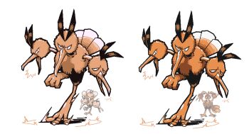 2others beak bird commentary coolstickarts dodrio english_commentary feather_tail feathers gen_1_pokemon glaring looking_at_viewer multiple_heads multiple_others nintendo no_humans open_mouth pixel_art pokemon pokemon_(creature) pokemon_rgby reference_inset sad simple_background standing standing_on_one_leg white_background