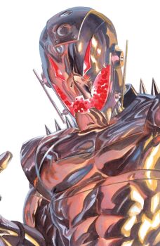 1boy absurdres alex_ross avengers_(series) comic_cover cover cover_page highres humanoid_robot looking_at_viewer male_focus marvel metal_skin muscular muscular_male official_art red_eyes robot robot_boy shoulder_spikes solo spikes ultron upper_body western_comics_(style) white_background