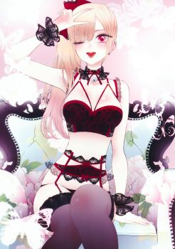 1girl barbell_piercing black_bra black_choker blonde_hair bra breasts bug butterfly chair choker cleavage covered_navel cuffs ear_piercing fake_nails floral_background flower fukuda_shinichi garter_belt garter_straps highres industrial_piercing insect kitagawa_marin large_breasts lingerie long_hair looking_at_viewer multicolored_bra navel official_art one_eye_closed open_mouth pantyhose piercing pink_background ponytail red_bra red_eyes red_ribbon ribbon sitting solo sono_bisque_doll_wa_koi_wo_suru thighhighs third-party_source tongue tongue_out tongue_piercing underwear v wrist_cuffs