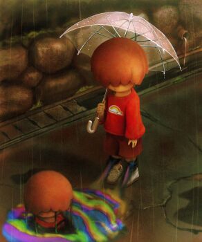 2boys black_socks brown_hair clone closed_mouth commentary english_commentary from_above hair_over_eyes highres holding holding_umbrella looking_at_another male_focus multiple_boys nekoita original outdoors partially_submerged puddle rain rainbow red_shirt red_shorts road shirt shoes short_hair shorts sneakers socks standing street transparent transparent_umbrella umbrella