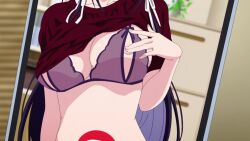 1boy 1girl animated anime_screenshot bra breasts cellphone cleavage clothes_lift clothing_cutout colored_inner_hair convenient_censoring covered_erect_nipples crotchless crotchless_panties gradient_hair hair_ribbon haite_kudasai_takamine-san highres large_breasts long_hair multicolored_hair navel nippleless_clothes nipples panties phone purple_hair red_eyes red_shirt ribbon school_uniform shirota_takashi shirt shirt_lift sidelocks sound stomach tagme takamine_takane two-tone_hair underboob underwear video video_call white_ribbon white_shirt