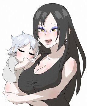 aged_down baby black_hair black_shirt blue_hair body_blush boruto:_naruto_next_generations breasts earrings eyeliner fangs furrowed_brow genderswap genderswap_(mtf) greek holding jewelry large_breasts long_hair makeup mitsuki_(naruto) mother_and_son naruto_(series) open_mouth orochimaru_(naruto) pale_skin shirt sleeping slit_pupils sucking_finger tank_top wavy_hair white_background yellow_eyes