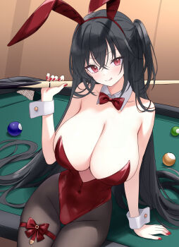 1girl :q absurdres animal_ear_hairband animal_ears azur_lane ball billiard_ball black_hair bow bowtie breasts catyu cleavage cue_stick detached_collar fake_animal_ears hairband highres holding holding_cue_stick huge_breasts leotard long_hair pantyhose playboy_bunny pool_table rabbit_ear_hairband rabbit_ears red_bow red_bowtie red_eyes red_leotard red_nails sitting solo table taihou_(azur_lane) taihou_(fun_on_the_baize)_(azur_lane) tongue tongue_out very_long_hair wrist_cuffs