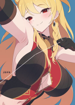 1girl armpits artist_name black_shirt blonde_hair blush bow_(weapon) breasts center_opening closed_mouth commentary drawing_bow earrings english_commentary highres holding holding_bow_(weapon) holding_weapon hololive hololive_indonesia huge_breasts jdpr jewelry kaela_kovalskia kaela_kovalskia_(5th_costume) long_hair looking_at_viewer multicolored_shirt navel red_eyes red_shirt shirt sleeveless sleeveless_shirt smile solo virtual_youtuber weapon